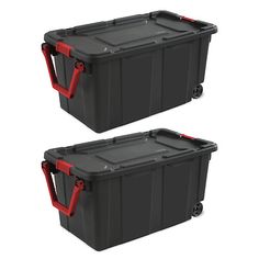 two black plastic storage containers with red handles