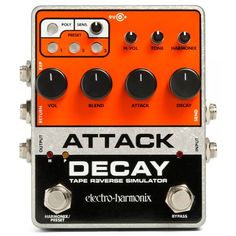 an orange and black effects pedal with the words attack decay on it's face