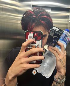 Red Highlights On Dark Hair Men, Men’s Colored Hair, Guys Dyed Hair, Dark Red Hair Men, Dark Red Hair Dye, Nd Kobi, Black Hair With Red Highlights, Raspberry Hair, Red Hair Boy