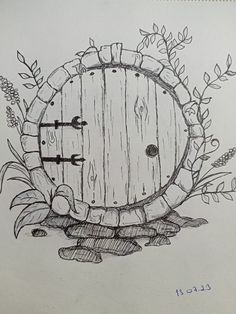 a drawing of a wooden barrel with an arrow in the middle and leaves around it