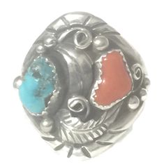 "Navajo Turquoise Coral Ring Vintage Sterling Silver Signed RN Size 11.50 Weight 9.2g Widest Part of Band 1 3/32\"\" Thinnest Part of Band 7/32\"\" Rings are Delivered in a Gift Box Free Domestic USA Shipping & Free Postal Insurance If you do not want the ring polished and want to leave the natural patina please let me know at the time of purchase as I do polish rings before I ship rings out. Thanks USPS Domestic Shipping is free for buyers. If a buyer prefers to upgrade to priority, the buy Western Style Rings With Inlay For Gift, Southwestern Concho Ring As A Gift, Southwestern Concho Rings As Gifts, Southwestern Style Concho Rings As Gifts, Irish Rings, Native American Rings, Navajo Rings, Friendship Rings, Celtic Rings