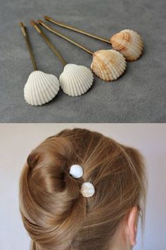 three seashells are placed on the back of a woman's head and one is