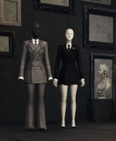 two mannequins dressed in suits and ties standing next to each other