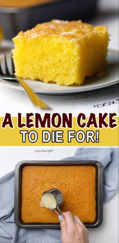 a lemon cake to die for is on a plate with a fork and spoon in it