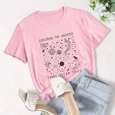 Summer Women T Shirt Versatile 100% Cotton Universe Space Stars Print Short Sleeve Oversized Tshirts Casual Graphic Tee Tops Trendy Relaxed Fit T-shirt With Star Print, Summer Crew Neck T-shirt With Star Print, Pink Star Print Crew Neck T-shirt, Oversized Star Print Summer Tops, Pink Crew Neck Top With Star Print, Pink Crew Neck T-shirt With Star Print, Casual Crew Neck T-shirt With Star Print, Trendy Oversized T-shirt With Star Print, Pink Star Print Short Sleeve T-shirt