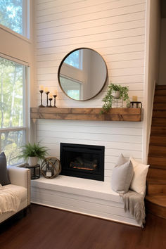 40+ Stylish Shiplap Fireplace Designs for a Chic Home Aesthetic Shipload Fireplace, Earthy Fireplace, High Ceiling Fireplace Wall, Stone And Shiplap Fireplace, Wall Decor Living Room Farmhouse, Modern Fireplace Wall, Coastal Fireplaces, Fireplace Whitewash, Coastal Fireplace Ideas