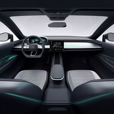 the interior of a modern car with its dashboard and steering wheel illuminated by green lights