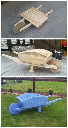 two pictures showing different stages of building a boat out of plywood and pallets