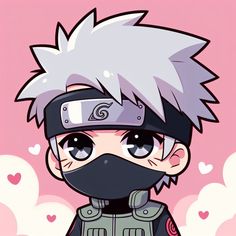 an anime character wearing a black and white mask with pink hearts in the back ground