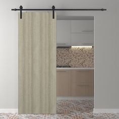 an open door to a kitchen with beige curtains