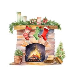 a christmas fireplace with stockings and stockings hanging from the mantle