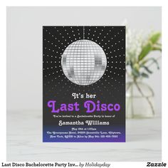 this is an image of a disco ball birthday party card with the words, it's her last disco