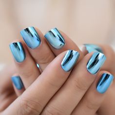 light blue chromenails Blue Chrome Nails, Wide Nails, Natural Nail Art, Light Blue Nails, Baby Blue Nails, Blue Chrome, Nails Fun, Press On Nails Short, Blue Nail Designs