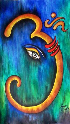 an artistic painting depicting the face of lord ganesha in blue and yellow colors