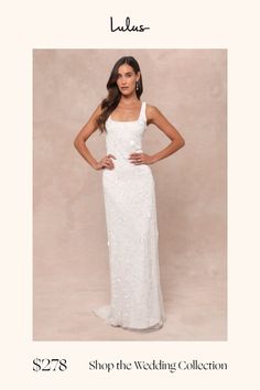 a woman in a white wedding dress with the words shop the wedding collection on it