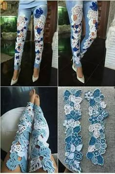 four pictures of different types of jeans with flowers on them