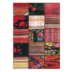 multicolored patchwork rugs with different patterns and colors on them, all arranged together