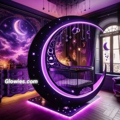 a baby crib in the middle of a room with purple lighting