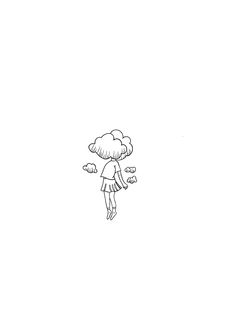 a black and white drawing of a girl holding a cloud over her head with clouds above her head