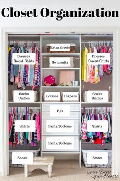 an organized closet with clothes, shoes and other items labeled in the words closet organization