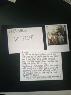 an open letter is attached to a bulletin board with two pictures and words written on it