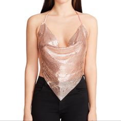 Rose Gold Color, Unworn Daphne Diamante Cowl Neck Halter Top Rose Gold Crop Top, Elegant Party Tops With Bling, Mesh Rhinestone Top, Royal Blue Bodysuit, Rose Gold Top, Gold Crop Top, Neck Halter Top, Lace Bustier Top, Rhinestone Top