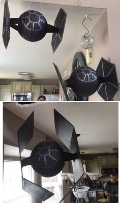 two pictures of an upside down kite hanging from the ceiling