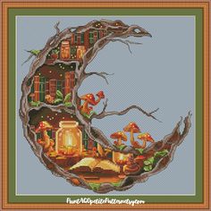 a cross stitch pattern with an image of a house in the woods and mushrooms on it