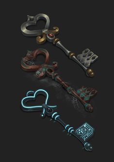 an assortment of keys are shown on a black background