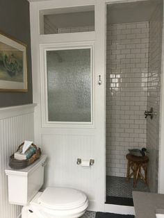 a white toilet sitting next to a walk in shower