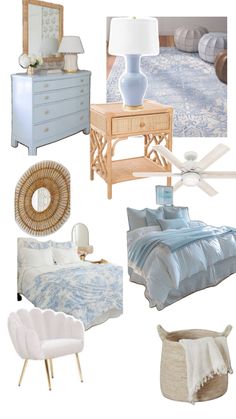 a collage of blue and white bedroom furniture, including a bed, dresser, chair, mirror, lamp, table