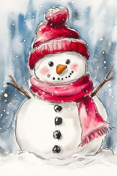 a watercolor painting of a snowman wearing a red hat and scarf