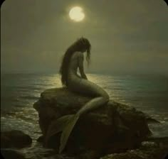 a mermaid sitting on top of a rock next to the ocean