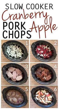 the steps to make slow cooker cranberry pork chops in an apple cider