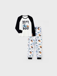 Be spooktacular with our Halloween family matching outfits.
* Please add each size separately to your shopping cart.
* Piece of product: 1 set of pajamas (1 top+ 1 pants) or 1 romper or 1 pet bandage.
* For children's safety, pajamas should be snug-fitting or flame-resistant. These kids' and babies' pajamas are flame-resistant.
* Product features: Soft and comfortable.
* Fabric characteristics: Stretchy and durable.
* Neckline: Round neck.
* Sleeves: Long sleeves.
* Style: Halloween design - spider webs, ghost dinosaurs, pumpkins and a ROAR and BOO print on the black shoulder patch of adult tops.
* Fit: Regular.
* Length: Nine-quarter pants.
* Source of goods: Imported.
* Supplier: PatPat. Dinosaur Pumpkin, Dinosaur Pajamas, Halloween Matching, Printed Pajama, Comfy Jumpsuits, Halloween Family, Matching Sweaters, Spider Webs, Kimono Pattern