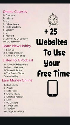 a poster with the words 25 web sites to use your free time on it's side