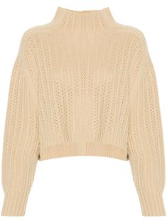 taupe wool-cashmere blend knitted construction tricot knit high neck long sleeves ribbed cuffs and hem straight hem rear button fastening This item is in size L and the color is Beige Textured Cashmere Knit Top With Long Sleeves, Designer Beige Wool Sweater, Luxury Beige Long Sleeve Sweater, Luxury Beige Textured Knit Sweater, Cashmere Textured Knit Long Sleeve Top, Cashmere Blend Sweater, High Neck Long Sleeve, Cotton Cardigan, Taupe Color