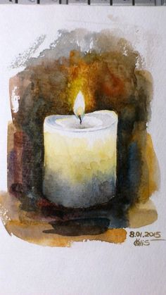 a watercolor painting of a lit candle