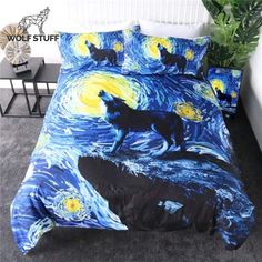 Twin Wolf Wheets Star Bedding, Painted Beds, Wolf Painting, Howling Wolf, Quilt Comforter, Wolf Moon, Galaxy Art, Wolf Howling, Duvet Bedding Sets