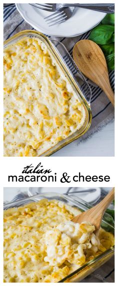 two images showing different types of macaroni and cheese in casserole dishes