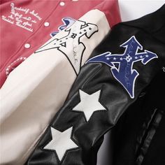 Leather Sleeve Varsity Jacket Retro Coat, Harajuku Street, Street Clothing, Cartoon Letters, Motorcycle Racing