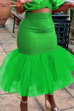 Embrace elegance with our Green Elegant Solid Patchwork High Waist Midi Skirt. This versatile skirt combines sophistication with comfort, making it perfect for any occasion. With its timeless design and solid color, you'll stand out in style. Elevate your wardrobe and make a statement. Get yours now! #Fashionista #MidiSkirt #ElegantStyle #GreenFashion #ShopNow #MustHave Statement Skirt, Midi Flare Skirt, Skirts Midi High Waisted, Patchwork Skirt, Elastic Waist Skirt, Mesh Material, Two Piece Dress, Skirt Pattern