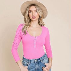 Pink Button Down Ribbed Long Sleeve Bodysuit Features: Scoop Neck, Snap Button Closure, Button Down, Henley, Very Soft Ribbed Fabric, Long Sleeve Model Is 5.7"(32b 24 34) Wearing Small-S(4-6)/M(8-10)/L(12-14), True To Size #Pink #Zara #Ootd #Valentines #Outfits #Freepeople #Skims Casual Bodysuit With Buttons For Spring, Casual Spring Bodysuit With Buttons, Casual Solid Bodysuit With Button Closure, Casual Spring Bodysuit With Button Closure, Goth Fits, Neck Snap, Sleeve Model, High Neck Bodysuit, Sheer Bodysuit