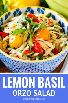 lemon basil orzo salad in a blue and white bowl