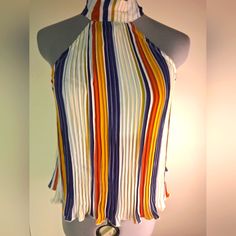 Multi Colored Halter Top Ties On Side Of Neck 16" Length White, Gold, Navy, Rust Colors Cheap Multicolor Summer Halter Top, Cheap Multicolor Halter Top For Vacation, Cheap Multicolor Zara Tops, Affordable Multicolor Zara Tops, Summer Crop Top, Summer Crop Tops, Rust Color, Halter Top, Multi Colored