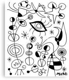 a black and white drawing of abstract shapes with stars, circles, dots and lines