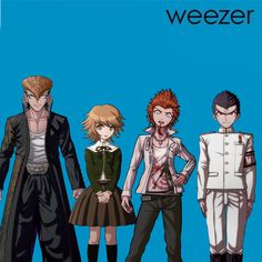 three anime characters standing next to each other in front of a blue background with the words weezer on it