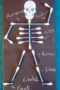 a skeleton made out of toothpicks on top of a blackboard