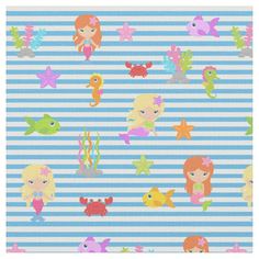 a blue and white striped background with little mermaids, fish, and seaweed