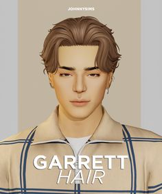 an animated image of a man with brown hair and blue stripes on his shirt that says, garrett hair